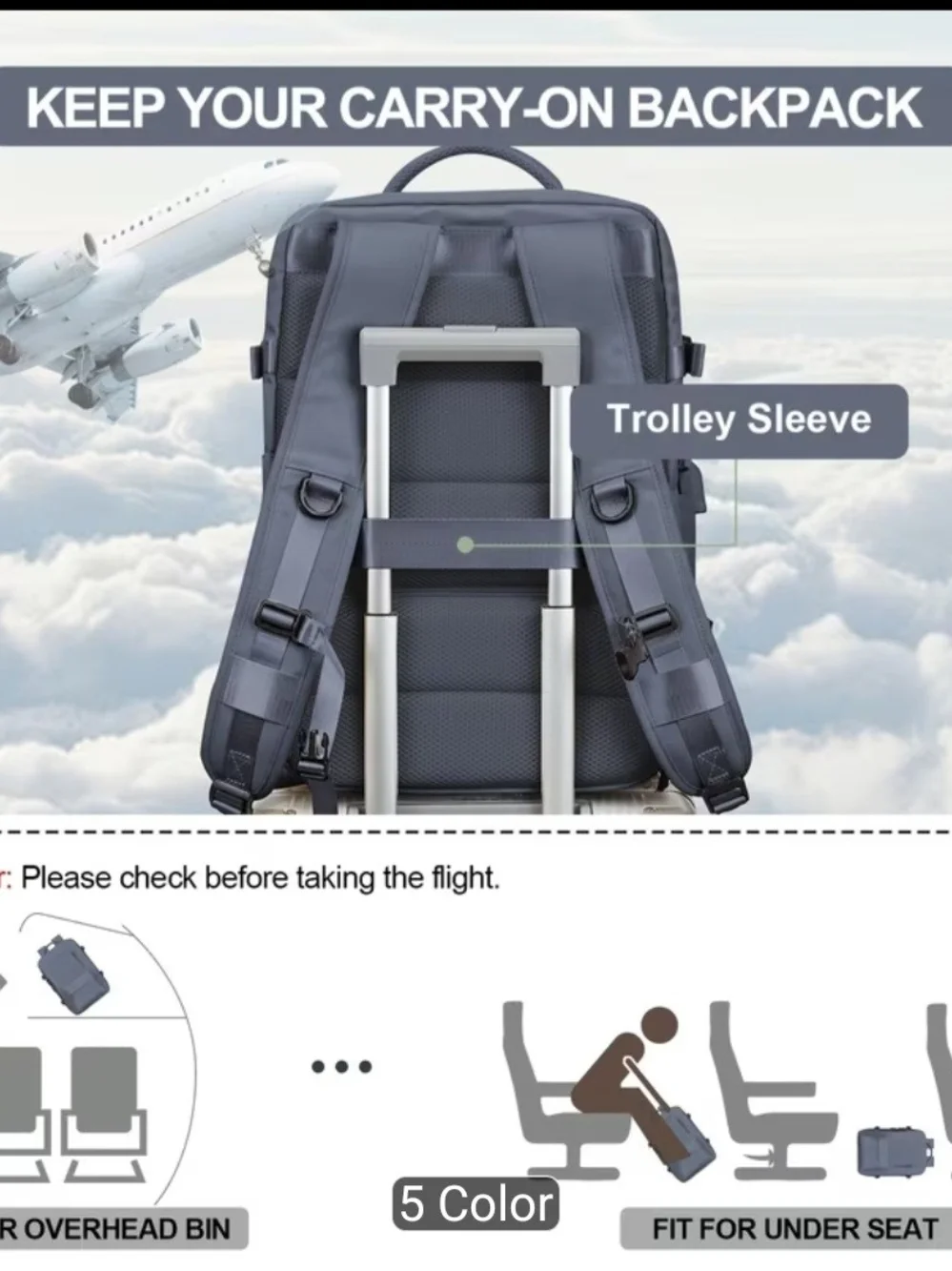Expandable Grey Travel Backpack - 32L/45L